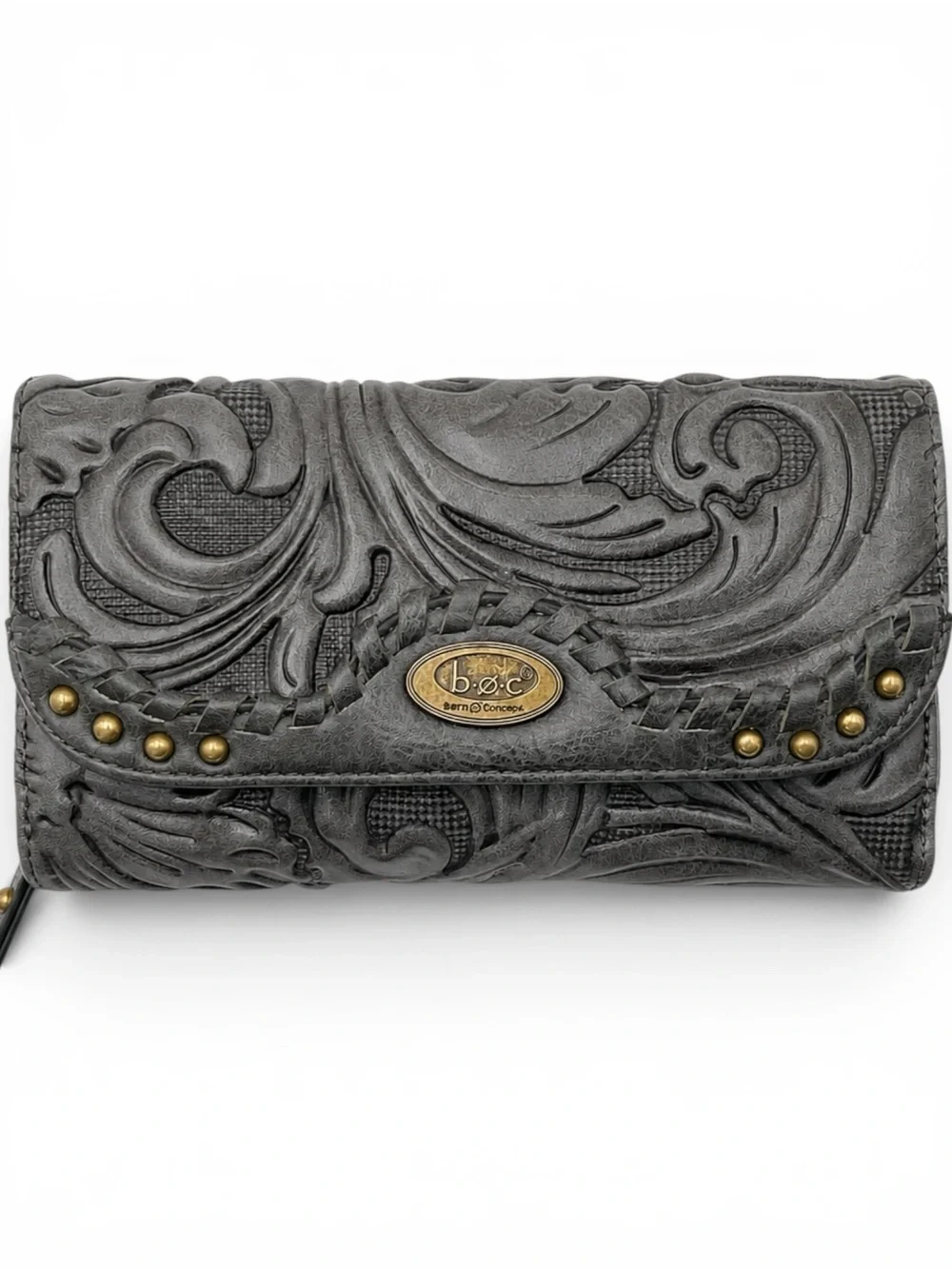 B O C Born Concept Gray Tooled Faux Leather Clutch Wallet Studded Boho Organizer